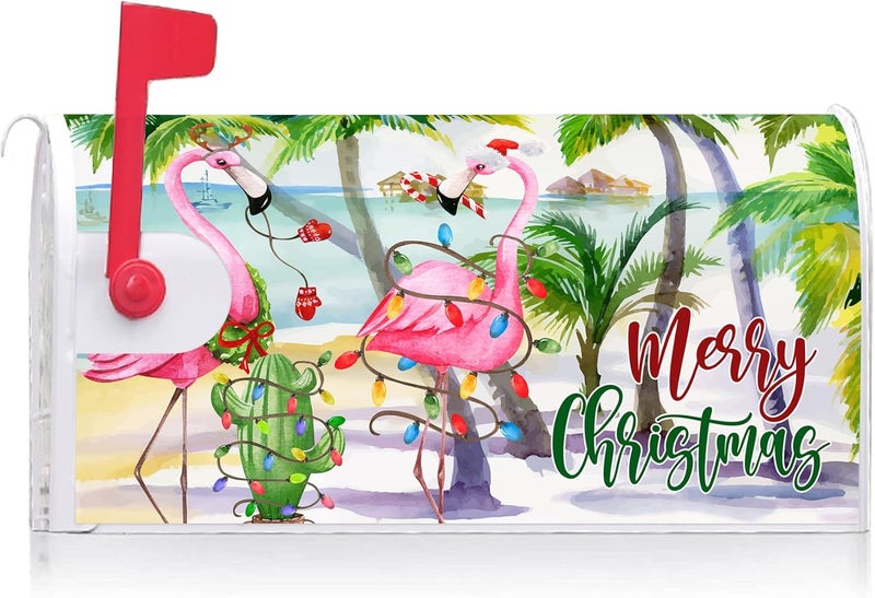 Texupday Merry Christmas Hawaii Beach Flamingo Decoration Mailbox Cover with Magnetic Strip Winter Holiday Mailbox Wraps Post Letter Box Cover Standard Size 21" X 18" for Garden Outdoor Yard Decor - Image 2